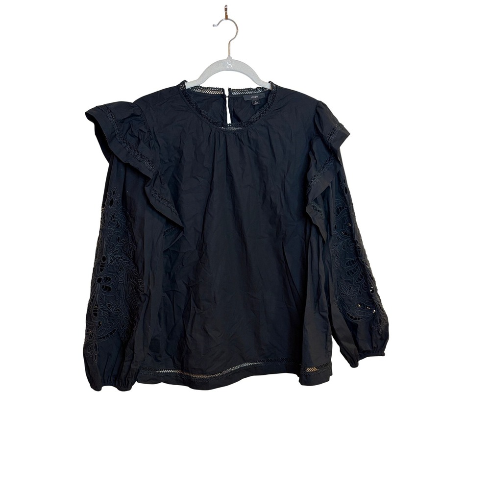 J.Crew Black Eyelet Ruffle Sleeve Cotton Poplin Blouse Top Large
